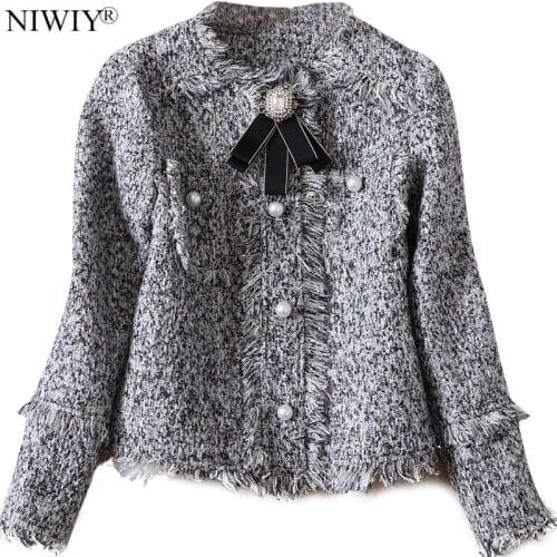 NIWIY Brand Luxury Retro Women Bomber Jackets Chaquetas Mujer Primavera 2021 Winter Wool Tweed Tassel Pink Short Coat N9109