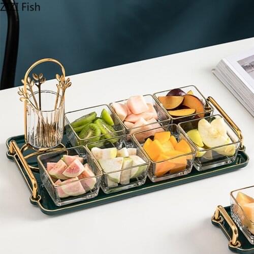 Ceramic Fruit Bowl Sub-grid Fruit Fork Storage Jar Luxurious Northern Europe Home Living Room Glass Snack Desserts Candy Tray