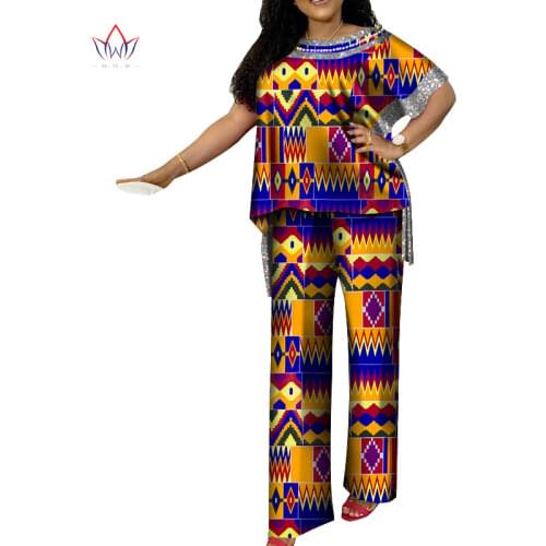 Bintarealwax S-7XL Plue Size Pant Sets Dashiki Pearls Top & Pant Africa Clothing 2021 Summer Loose Style Women Clothes WY8738