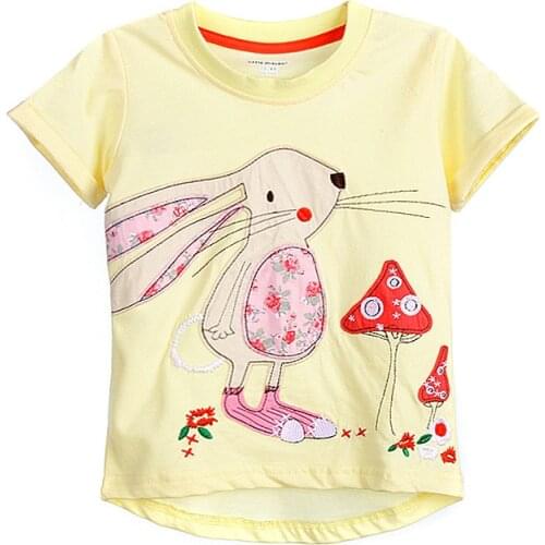 Little Maven New Summer Brand Children Cute Yellow Pink Rabbit O-neck Short Quality Cotton Knitted Fashion Girls Casual Tshirt