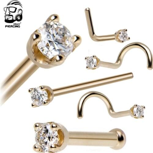 Small Nose Studs Piercing S L Shape Nose Rings 316L Stainless Steel Cubic Zirconia Body Piercing Jewelry Golden Color For Women