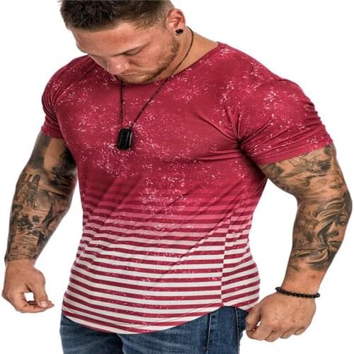 M-3XL Plus Size Men T-Shirt Striped Floral Print Round Neck Short Sleeve T-Shirt Men’ s Tops Red/Gray/Black/Navy/Coffee