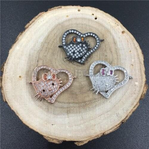 MY0722 Micro Pave CZ Black Zirconia Heart Shape Copper with Ketty Cat Pave Zircon Charm Bracelet Connector,Colors For Option