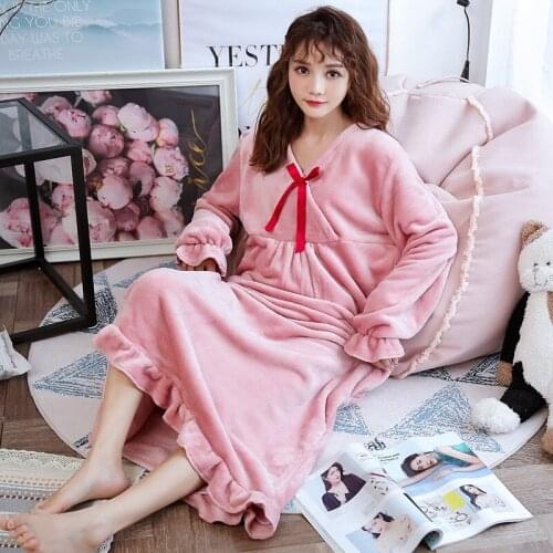 Nightdress womens winter flannel long-sleeve nightgown Korean loose coral fleece dress bridal bathrobe kimono bridesmaid robes