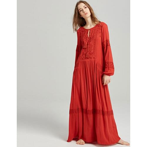 Europe and America Travel Vacation Dress New Bohemian Island Holiday Exquisite Embroidery V Neck Fringe Plain Loose Maxi Dresses