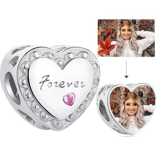 Romantic Heart Beads Forever Love Pink CZ Custom Photo Charms for Women Femme DIY Accessory 925 Sterling Silver Jewelry Gift