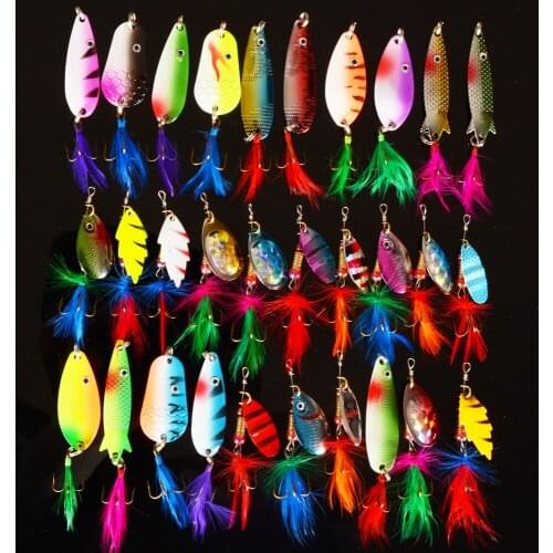 Fishing Lures 30pcs Fishing Spinner&Spoon Lures Artificial bait paillette 3.5g-9g Metal hard lure Mix Color Free shipping