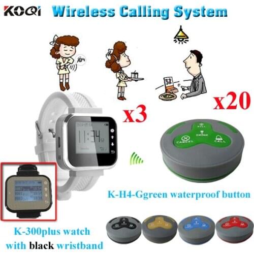 Restaurant Waiter Buzzer System Accept Customized Restaurant Pager Equipment ( 3pcs watch receiver + 20pcs buzzer button )