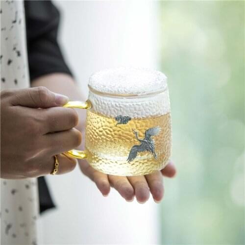 Japanese Style Hammer Pattern Inlay Tin Plum Flower Glass Tea Cup with Handle Large Office Water Mug Heat Resistant Teacup