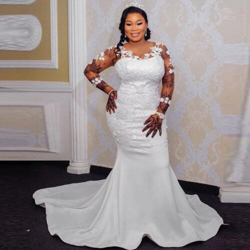 African Wedding Dresses For Weomen 2021 Bride V neck Illusion Long Sleeves Lace Appliques Satin Bridal Dress Mermaid Plus Size
