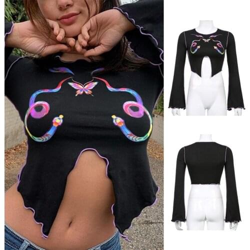 Goth Butterfly Print Ruffle Crop Tops Girl Slit Hem Flare Sleeve Black Tops Vintage Outfits Punk