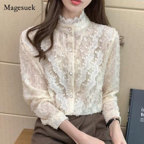 Women 2021 New Autumn Crochet Lace Patchwork Blouses Elegant Solid Chiffon Blouse Stand Collar Button Up Shirt Tops Female 13408