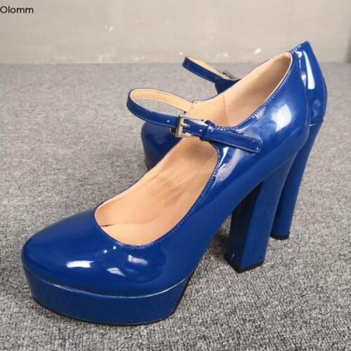 Olomm New Arrival Women Shiny Pumps Sexy Square High Heels Pumps Round Toe Gorgeous Blue Party Shoes Women Plus US Size 5-15