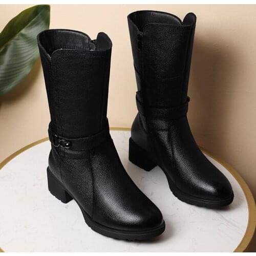 Women Luxury British Style Black Cool Leather Boots Chunky Platform Mid Calf Side Zipper Boots Plus Size 41 42