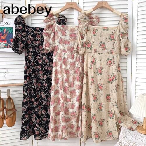 Fashion Square collar puff Sleeve Dress Embroidery hollow out hook flower high waist split A-line Dress 2021 New Summer