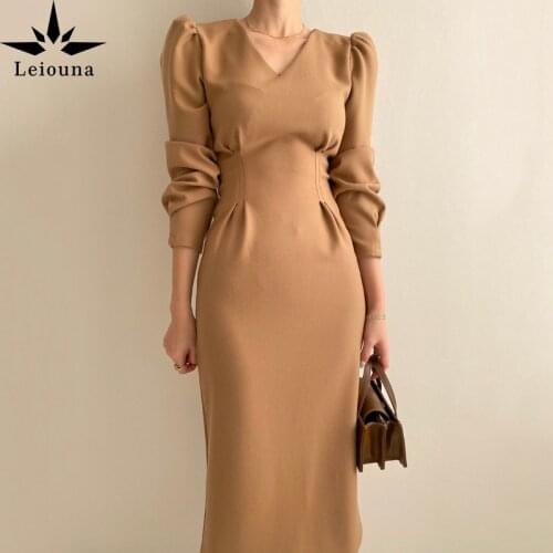 Leiouna Vintage Solid Color Khaki Elegant Office Lady Style 2021 Spring Vestidos Women Business Work Bodycon Pencil Dress