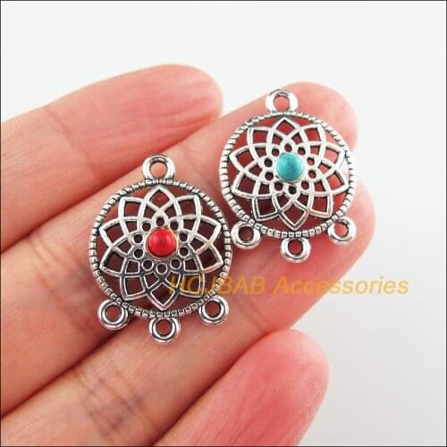 16 New Flower Charms Tibetan Silver Tone Red & Blue Stone Hollow Connectors 18x24.5mm