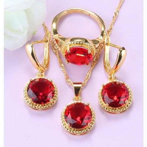 9-Colors Gold Color African Jewelry Set Round Red Garnet Women Wedding Accessories Dangle Earrings Ring And Necklace Bridal Sets