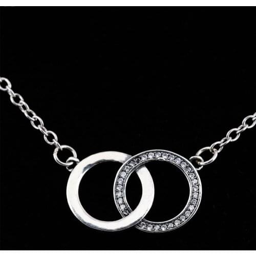 Authentic S925 Sterling Silver Linked Circles Signature With Crystal Necklace For Women Wedding Gift fit Lady Fine Jewelry