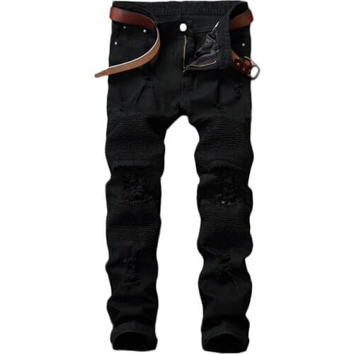 Biker Men Ripped Hole Jeans Solid Color Skinny Straight Trousers Pants Jeans