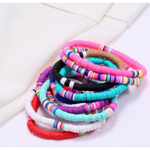 Bohemian Retro Simple Elastic Rope Bracelet Beach Bracelet Ladies Hand-Made Bracelet Multicolor Polymer Clay 6mm Bracelet