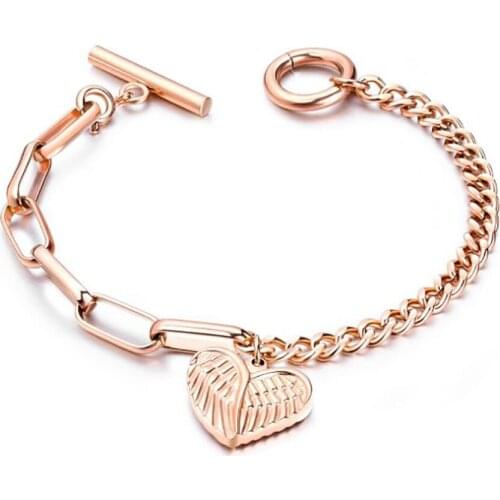 Stainless Steel Rose Gold Feather Wings Women Simplicity Bracelet Bangle Jewelry Gift For Him