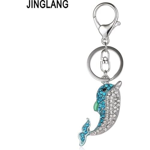JINGLANG Silver Color Lobster Clasp Keyring Double Color Crystal 3D Dolphin Animal Charms Keychains For Women Handbag Jewelry