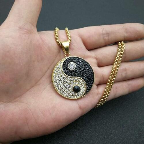 Hip Hop Iced Out Bling Gossip Yin Yang Aumlet Pendant Necklace Gold Silver Color Stainless Steel Chains For Women Men Jewelry