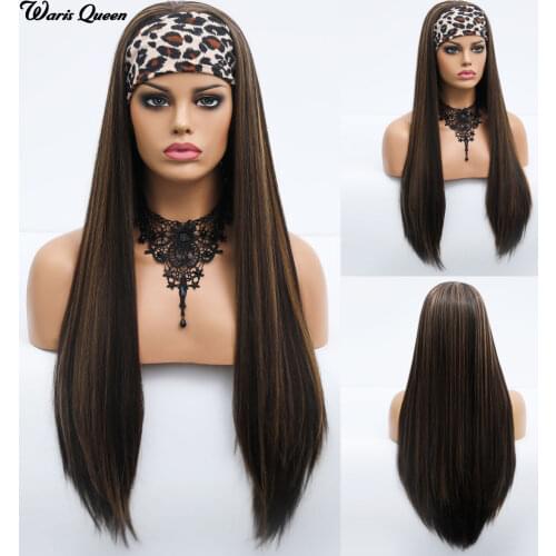 Long Straight Leopard Womens Headband Afro wig synthetic For Black Women Natural Heat Resistant Fake Hair Brown Ombre Wigs