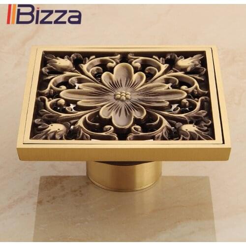 Euro Square Floor Drains Cover Antique Brass Shower Drain Trap with Hair Strainer Bathroom Deodorant Accessories Grate Waste