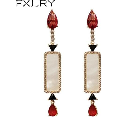 FXLRY New trendy color Zircon rectangle shell long Red water drops earring for women jewelry gift