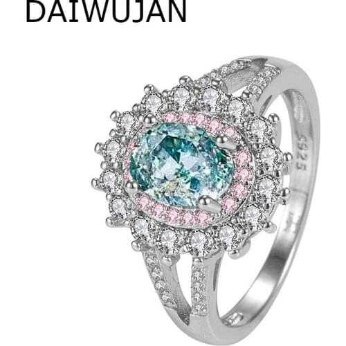 DAIWUJAN High Quality Luxury Pink Blue Crystal Bridal Rings For Women 925 Sterling Silver Topaz Wedding Engagement Jewelry