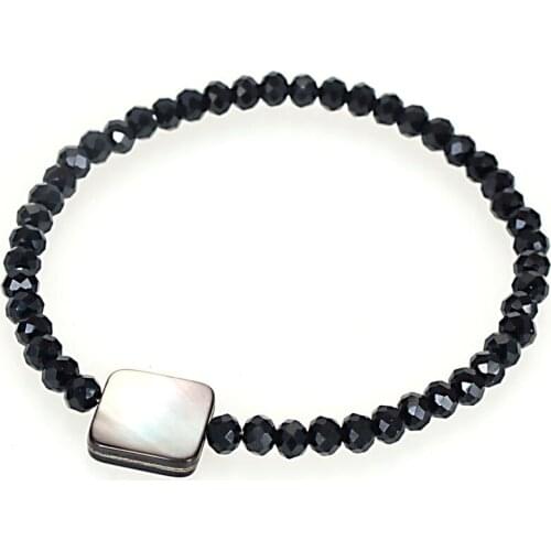 Miasol Handmade Tiny Faceted 4 mm Crystal Black Sea Shell Cat Dangle Charm Women & Girls Elastic Bracelets