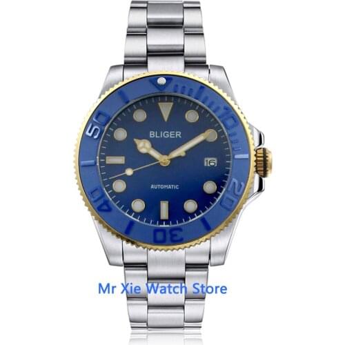 Bliger 43mm Blue Dial Mens Mechanical Watch Silver Case Sapphire Glass Ceramic Bezel NH35A Movement Automatic Watch Men