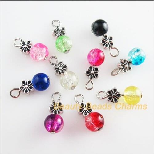 New 20Pcs Flower Tibetan Silver Color Mixed Round Glass Beads Charms Pendants 8x19mm