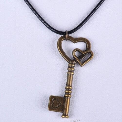 43*19MM Vintage bronze antique heart-shaped key pendant necklace women wax cord rope necklace jewelry fashion alloy jewellery