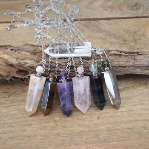 Natural Crystal Point Essential Oil Vial Pendant Necklace Sakura Agates Fluorite Gems Quartz Tower Perfume Bottle Charms QC1051