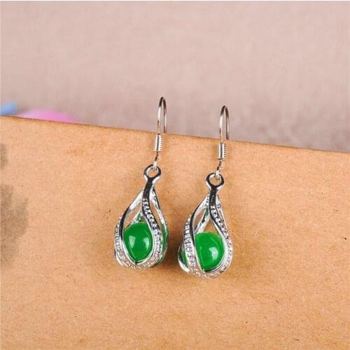 Natural Green Jade Round Bead Drop Earrings 925 Silver Carved Charm Jewellery Accessories Fashion Amulet for Women Lucky Gifts