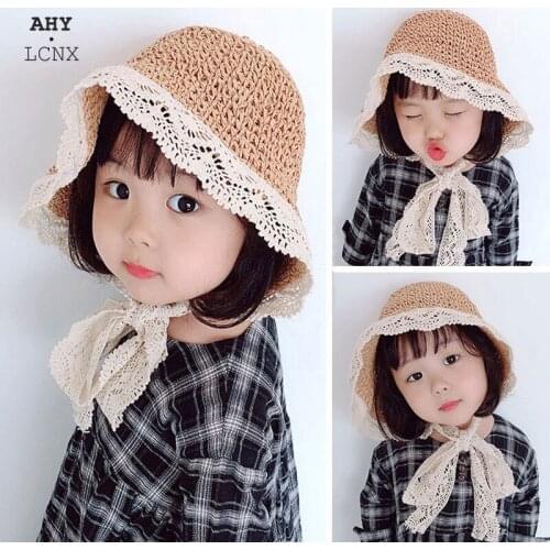 New Summer Lace Hats For Girls Straw Hat With Lace-up Kids Baby Girl Bucket Hat Handmade Children Panama Vacation Beach Sun Hat