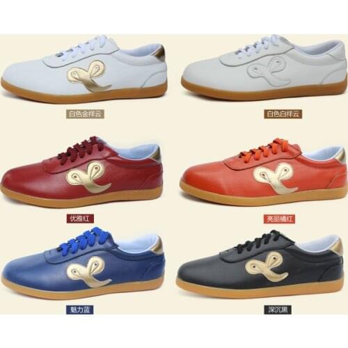 Unisex kids&Adult cowhide leather kung fu auspicious clouds shoes Martial arts tai chi wushu sneakers red/blue Spring&Autumn