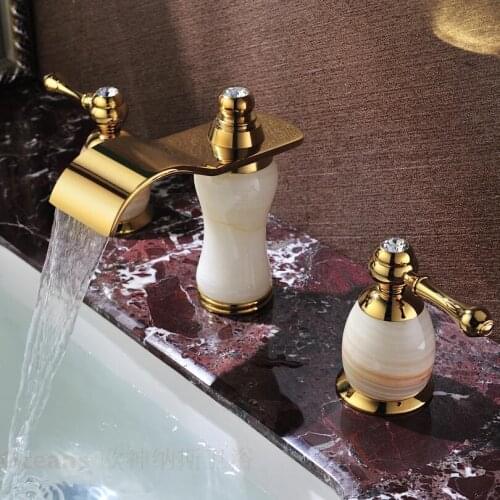 Leading European antique marble double the three-hole waterfall basin faucet hot and cold high-grade natural jade and gold