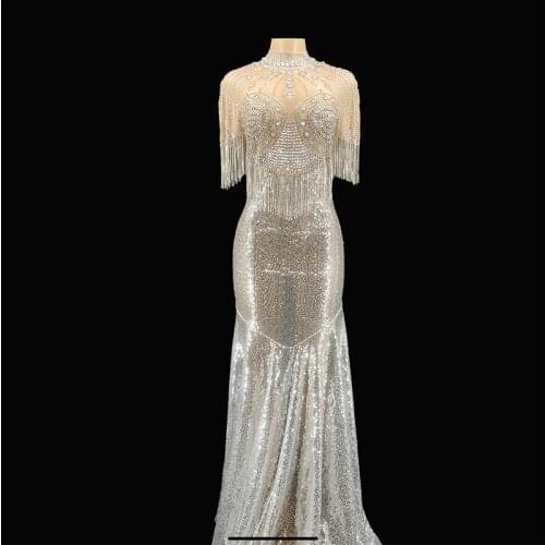 ZD Custom Robe Anniversary Birthday Flashing Rhinestones Fringe Luxry Evening outfit Party Prom Wear tee dress 2 style Singer