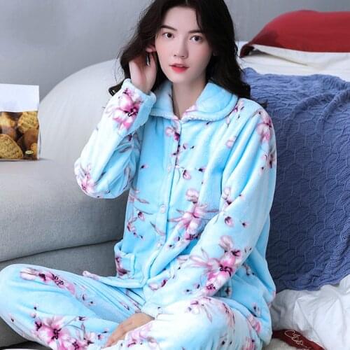 H5823 Plush Women Pajamas Suit Female Thickened Coral Fleece Home Wear Nightgown Flannel Long Sleeve Autumn Winter Sleepwear