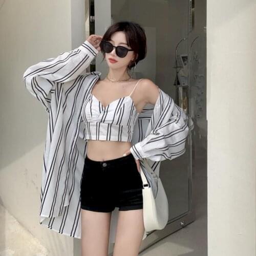 Womens Shirts 2021 Summer New Lazy Loose Striped Shirt Short Sexy Camisole Two Piece Set Aesthetic Clothes Sling Blouse Sexy Top