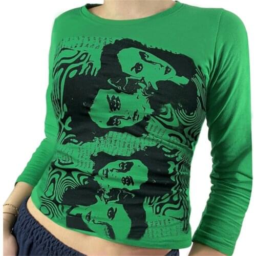 Women Portrait Print Tops Stylish Long Sleeve Crew Neck Slim Fit Letter T-Shirts Y2K Style Autumn Tops Green/Blue/Yellow/Red