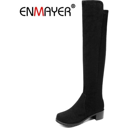 ENMAYER 2018 Knee High Boots Women Cow Suede Motorcycle Boots Winter Footwear Zipper Chunky Heel boots women Round toe CR1718