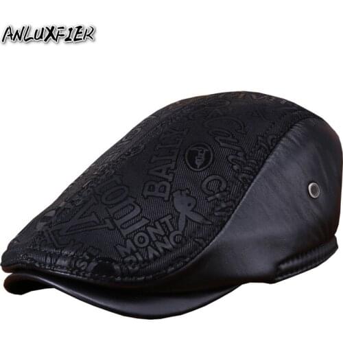 B-7266 Men Genuine Sheepskin Hat Adult Warm Leather Visor Hats Adult Suede Beret Printing Baseball Hat