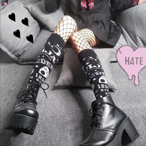 Black Stockings Women with Fishnet Stockings Sun Moon Letter Patterned Winter Gothic Stockings Female Hipster Punk Streetwear