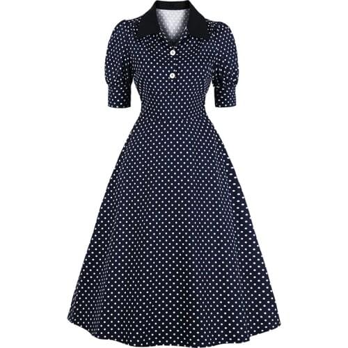 Womens 50s 60s Polka Dots Vintage Dress A Line Rockabilly Dress Puff Sleeve Vintage Swing Party Dress