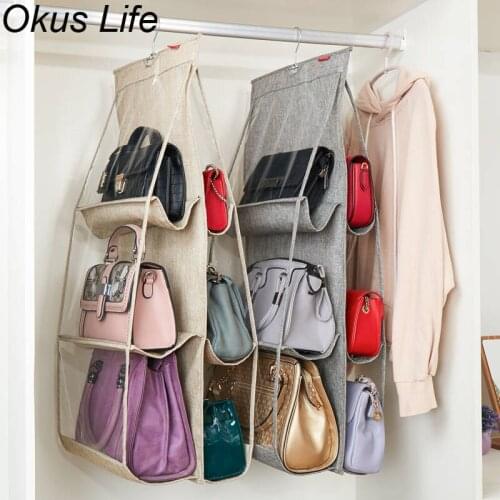 6 Pockets Double Side Handbag Storage Bag Pouches Clear Purse Nonwovens Hanging Organizer Closet Collection Storage Gray Beige